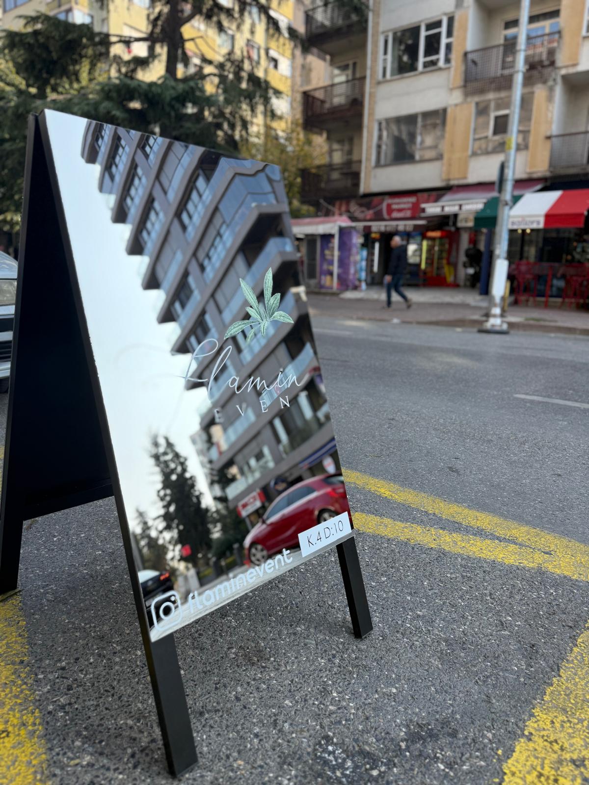 Double-sided mirrored sidewalk sign for storefronts, restaurants, and outdoor advertising, foldable and durable design