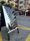 Double-sided mirrored sidewalk sign for storefronts, restaurants, and outdoor advertising, foldable and durable design