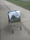 Double-sided mirrored sidewalk sign for storefronts, restaurants, and outdoor advertising, foldable and durable design