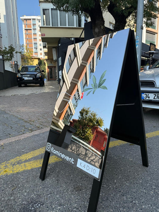 Double-sided mirrored sidewalk sign for storefronts, restaurants, and outdoor advertising, foldable and durable design